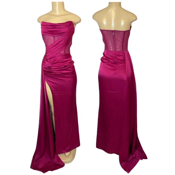 Miss Circle Dresses & Skirts - Miss Circle Holly Fuchsia Crystallized Corset High Slit Satin Gown Size XS